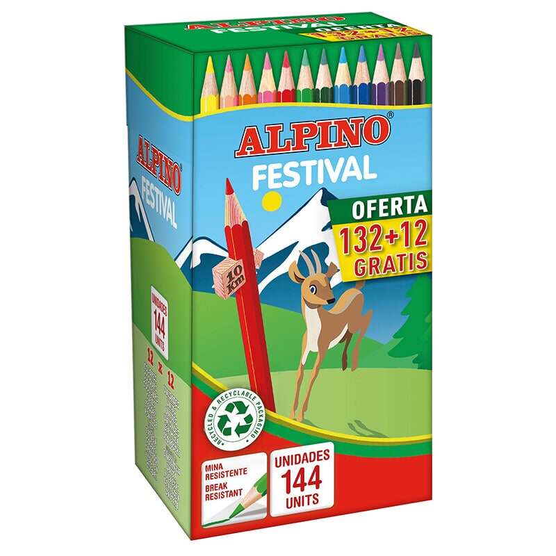 Alpino Festival Economy Pack de 144 Lapices Hexagonales de Colores - Mina de 3mm - Ideal para Colegi