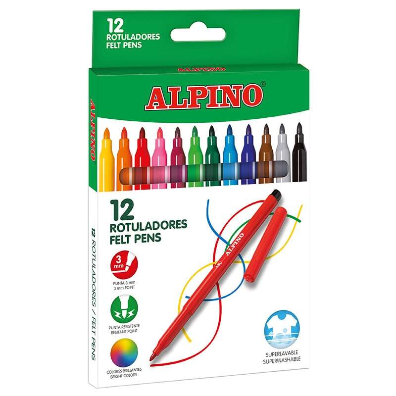 Alpino Pack de 12 Rotuladores Escolares - Punta Fina de 3mm - Superlavables y Brillantes - Ideal par