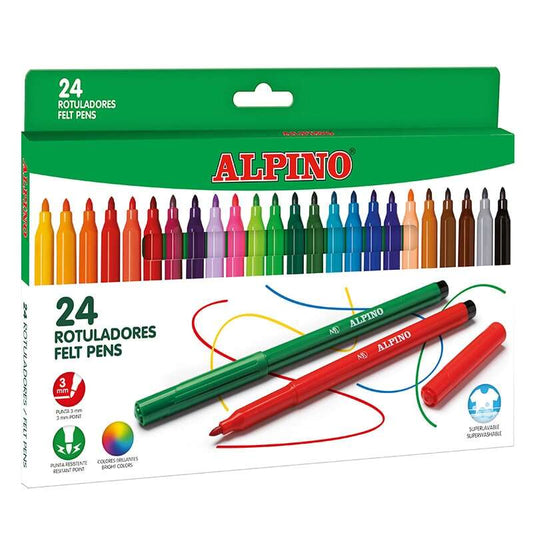 Alpino Pack de 24 Rotuladores Escolares - Punta Fina de 3mm - Superlavables y Brillantes - Desarroll