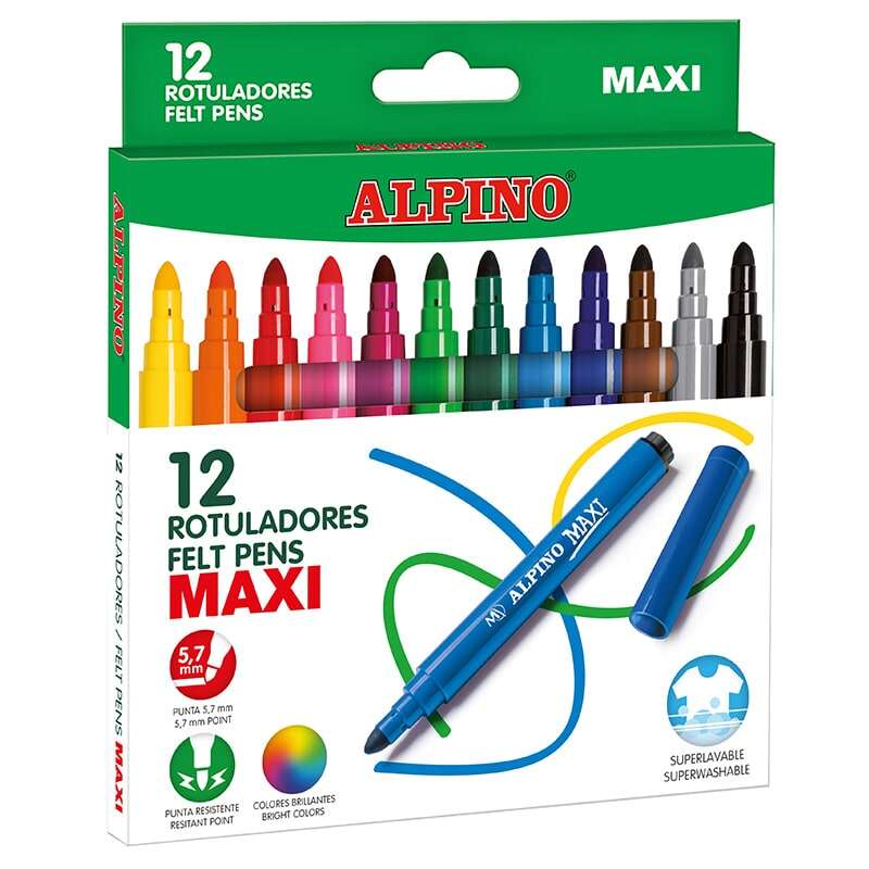 Alpino Pack de 12 Rotuladores Gruesos Maxi - Punta de 6mm - Superlavables, Resistentes, Duraderos y