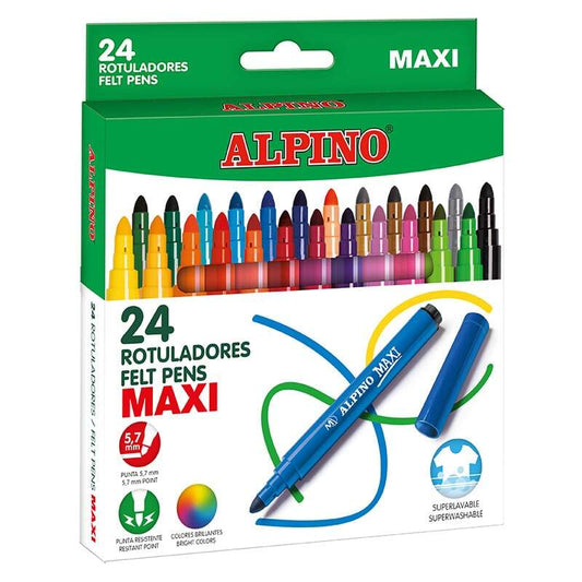 Alpino Pack de 24 Maxi Rotuladores Gruesos - Punta de 6mm - Superlavables, Resistentes y Duraderos -