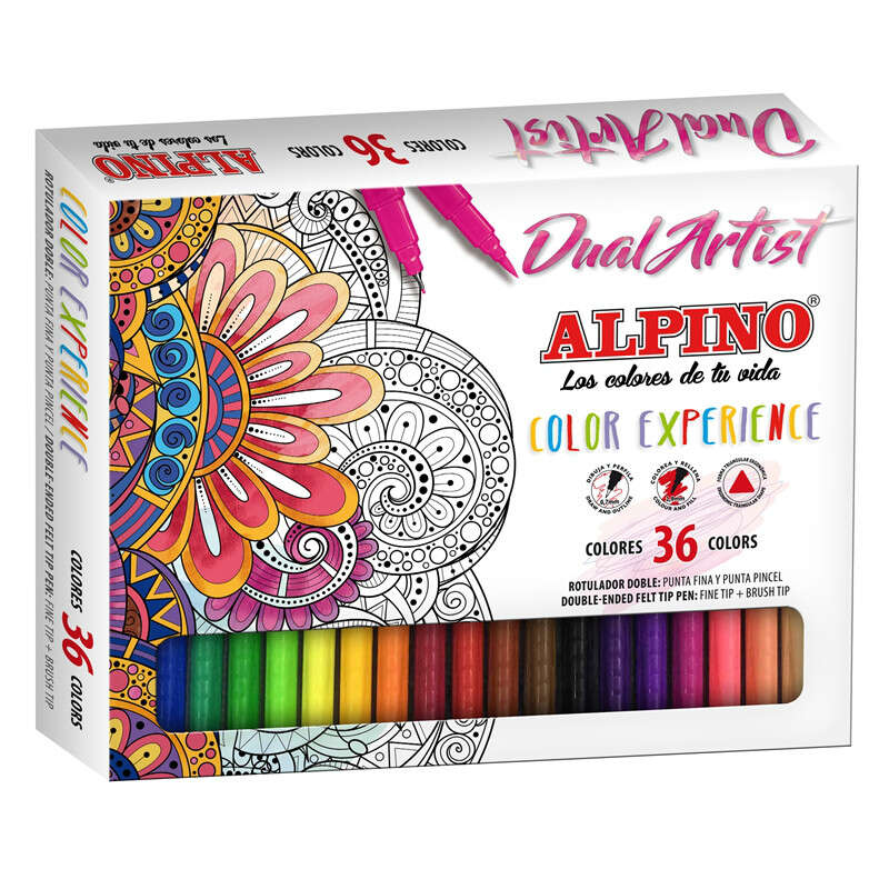 Alpino Dual Artist Color Experience Pack de 36 Rotuladores - Doble Punta (Fina de 0.7mm y Pincel de