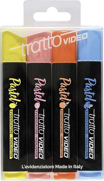 Tratto Video Pastel Pack de 4 Marcadores Fluorescentes - Punta Biselada - Tinta al Agua - Secado Rap