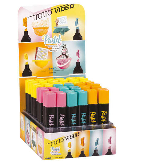 Tratto Video Pastel Expositor de 48 Marcadores Fluorescentes - Punta Biselada - Tinta al Agua - Seca