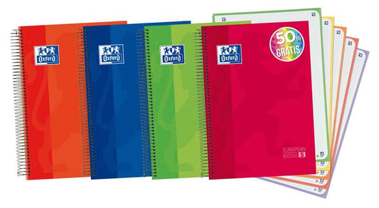 Oxford Europeanbook 5 Cuaderno Espiral Formato A4+ Cuadriculado 5x5mm - 120 Hojas - Tapa Extradura acabado Brillante - 5 Bandas de Color - Colores Surtidos
