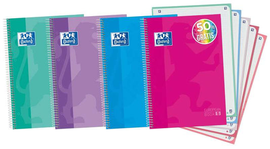 Oxford Europeanbook 5 Cuaderno Espiral Formato A4+ Cuadriculado 5x5mm - 120 Hojas - Tapa Extradura acabado Brillante - 5 Bandas de Color - Colores Surtidos Tendencia - Cantidad: 5