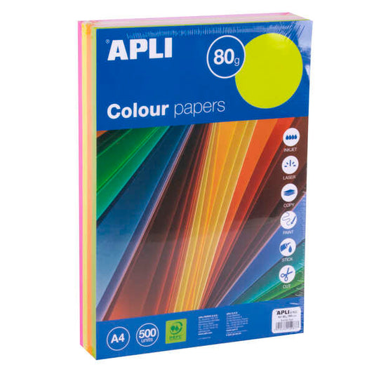 Apli Papel Color Surtido Fluorescente A4 500 Hojas