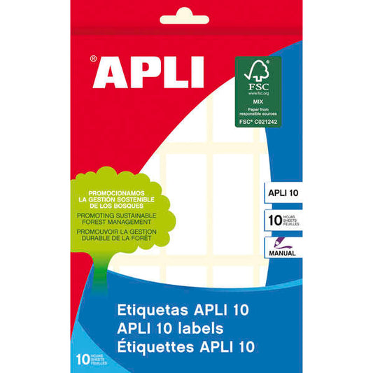 Apli Pack de 150 Etiquetas Rectangulares 20x50mm - 10 Hojas por 15 Etiquetas - Adhesivo Permanente - Cantos Romos - Ideal para Escribir sobre Ellas - Color Blanco