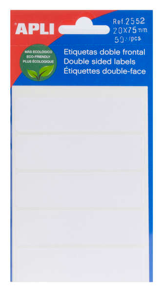 Apli Pack de 50 Etiquetas 20x75mm - 5 Hojas con 5 Etiquetas por cada Lado - Adhesivo Permanente - Menos Residuos - Color Blanco