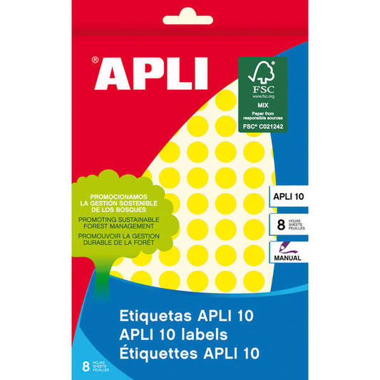 Apli Pack de 1.008 Etiquetas Redondas Ø 10mm - 8 Hojas por 126 Etiquetas - Adhesivo permanente - Aptas para Escritura Manual - Color Amarillo