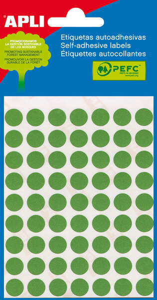 Apli Minibolsa de 315 Etiquetas Redondas Ø 10mm - 5 Hojas por 63 Etiquetas - Adhesivo Permanente - Color Verde