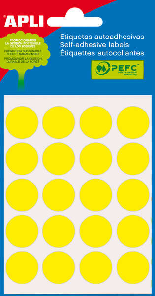 Apli Minibolsa de 100 Etiquetas Redondas Ø 19mm - 5 Hojas por 20 Etiquetas - Adhesivo Permanente - Aptas para Escritura con Lapiz, Boligrafo y Rotulador - Color Amarillo
