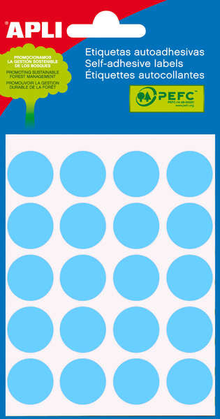 Apli Minibolsa de 100 Etiquetas Redondas Ø 19mm - 5 Hojas por 20 Etiquetas - Adhesivo Permanente - Aptas para Escritura con Lapiz, Boligrafo y Rotulador - Color Azul