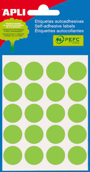 Apli Minibolsa de 100 Etiquetas Redondas Ø 19mm - 5 Hojas por 20 Etiquetas - Adhesivo Permanente - Aptas para Escritura con Lapiz, Boligrafo y Rotulador - Color Verde