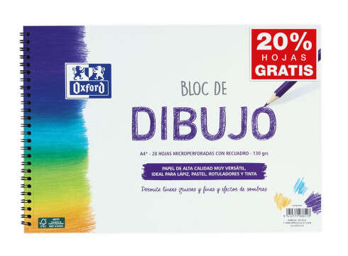 Oxford Bloc de Dibujo Escolar Espiral Formato A4+ con Reacuadro - 20 Hojas Microperforadas 130gr Color natural - Papel de Superfície Rugosa - Cantidad: 5