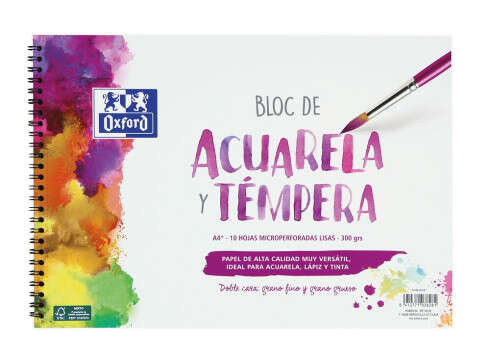 Oxford Bloc de Acuarela y Tempera Escolar Espiral Formato A4+ Liso - 10 Hojas Microperforadas 300gr Color natural - Papel de Doble Cara: Grano Grueso y Grano Fino - Cantidad: 5