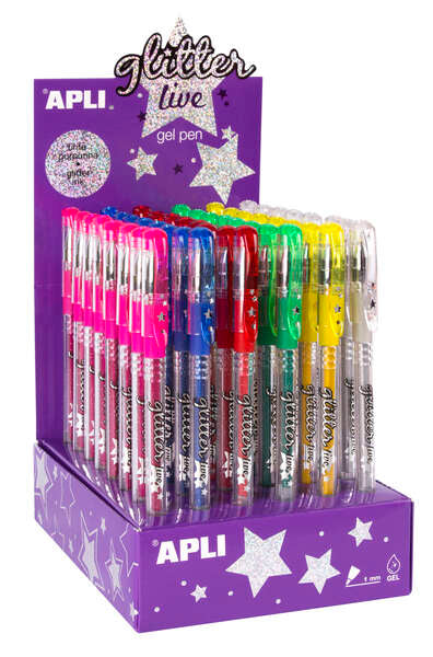 Apli Gel Pen Glitter Live - 48 Boligrafos de Tinta Gel con Purpurina - Resistentes, Secado Rapido y