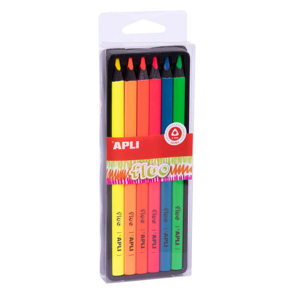 Apli Lapices Jumbo Fluo - 5mm de Trazo - Caja Individual con 6 Colores Surtidos - Madera Triangular