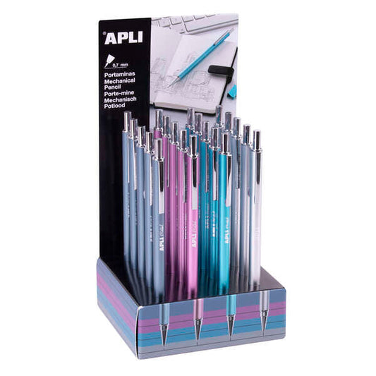 Apli Expositor de 20 Portaminas 0.7mm - Textura Soft - Capuchon y Goma de Borrar - Colores Metalizad