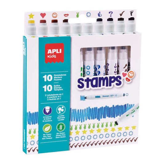 Apli Rotuladores Stamps - Ø 14.4x137 mm - Doble Punta con Sello y Color - 10 Colores/Sellos Diferent