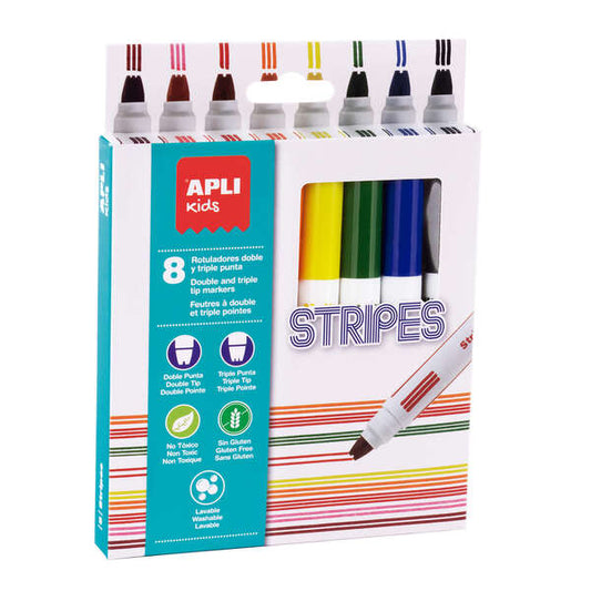 Apli Stripes Pack de 8 Rotuladores - Ø 14.4x137 mm - Doble O Triple Punta Redonda Bloqueada - Lavabl