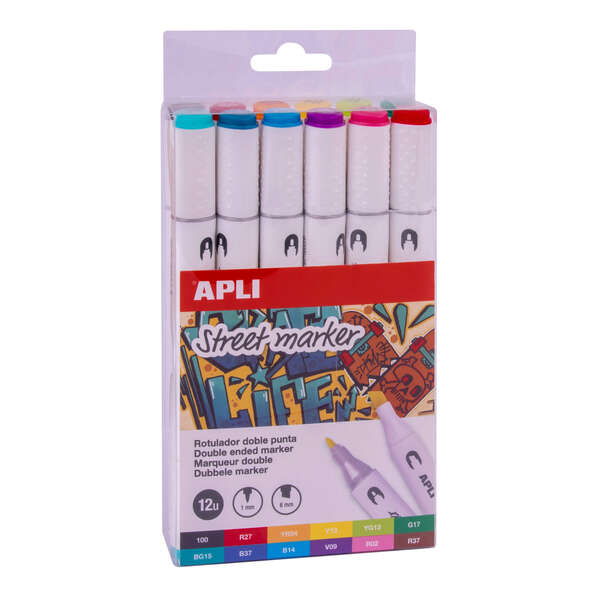 Apli Street Marker Rotuladores de Doble Punta - Punta Redonda de 1mm y Biselada de 6mm - Tinta de Ba