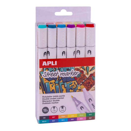 Apli Street Marker Rotuladores de Doble Punta - Punta Redonda de 1mm y Biselada de 6mm - Tinta de Ba