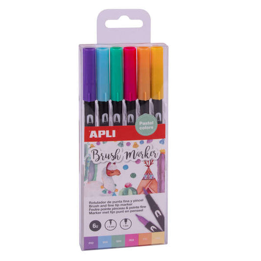 Apli Brush Marker Pack de 6 Rotuladores Acuarelables de Doble Punta - Punta Pincel de 1-4mm y Punta