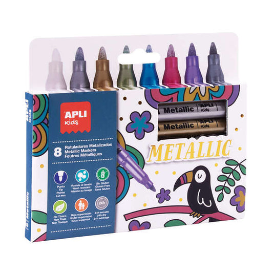 Apli Pack de 8 Rotuladores Metalizados - Cuerpo Redondo y Punta de 4.2mm - Ideal para Decorar en Pap