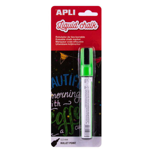 Apli Rotulador de Tiza Liquida Verde - Punta Redonda de 5.5mm - Facil de Borrar con Paño Humedo - Se