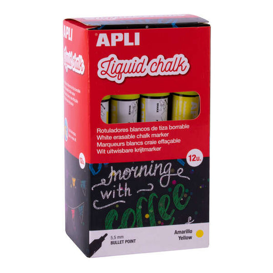 Apli Rotulador de Tiza Liquida Amarillo - Punta Redonda - Ideal para Pizarras, Plastico, Ventanas, C