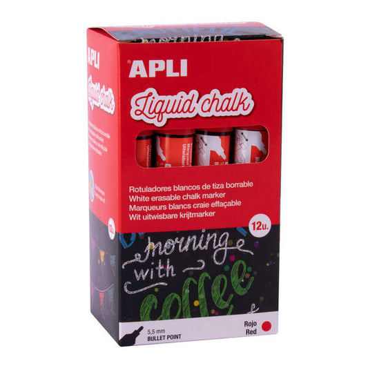 Apli Rotulador de Tiza Liquida Rojo - Punta Redonda - Ideal para Pizarras, Plastico, Ventanas, Ceram