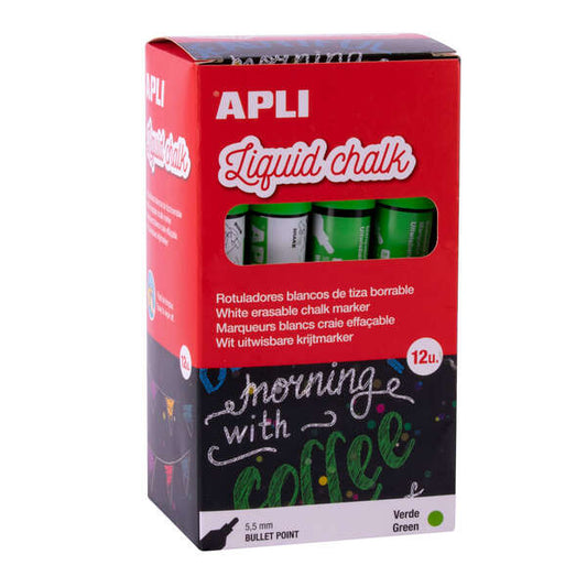 Apli Rotulador de Tiza Liquida Verde - Punta Redonda - Ideal para Pizarras, Plastico, Ventanas, Cera