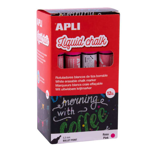 Apli Rotulador de Tiza Liquida Rosa - Punta Redonda - Ideal para Pizarras, Plastico, Ventanas, Ceram