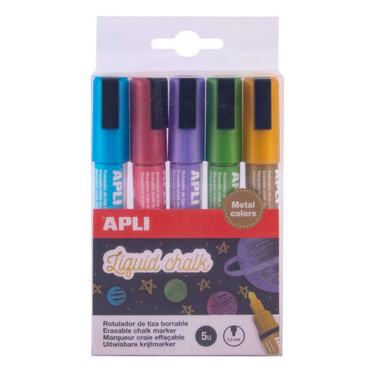 Apli Pack de 5 Rotuladores de Tiza Liquida Metalizados - Punta Redonda de 5.5mm - Facil de Borrar -