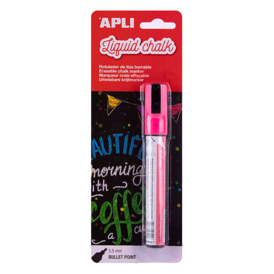 Apli Rotulador de Tiza Liquida Rosa - Punta Redonda de 5.5mm - Ideal para Pizarras, Plastico, Ventan