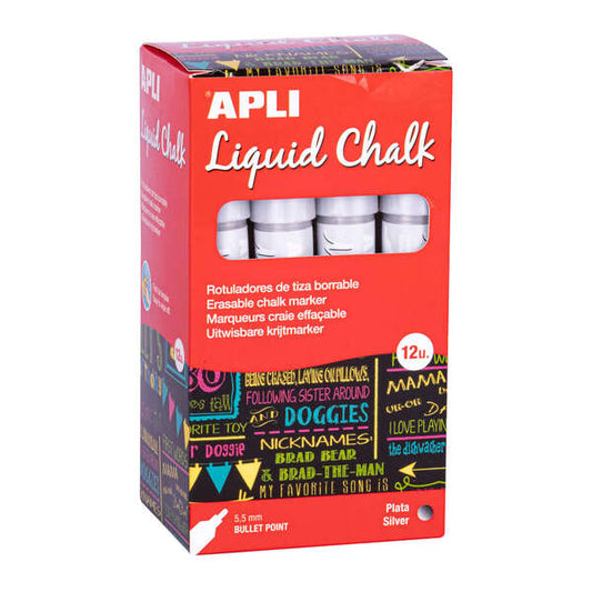 Apli Rotulador de Tiza Liquida Plata - Punta Redonda - Ideal para Pizarras, Plastico, Ventanas, Cera