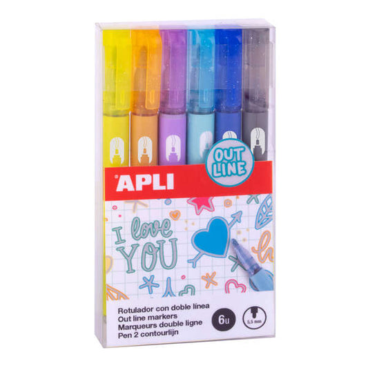 Apli Rotuladores Doble Linea - 5.5mm - Base de Alcohol - Pack 6 Colores - Escritura Interior Plata c