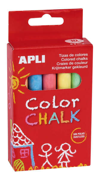 Apli Tizas Redondas de Colores Surtidos - Pack de 10 Tizas de Ø 9 x 80mm - sin Polvo - Ideales para