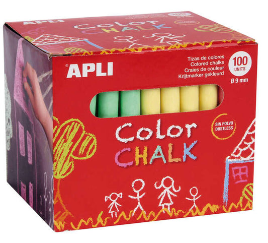 Apli Pack de 100 Tizas Redondas de Colores Surtidos Ø 9 x 80mm - Sin Polvo - Ideales para Escribir,