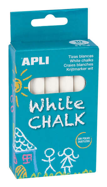 Apli Pack de 10 Tizas Blancas Redondas - Tamaño Ø 9 x 80mm - Bajo en Residuo y sin Polvo - Ideal par