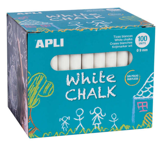 Apli Tizas Blancas Redondas - Pack de 100 Unidades Tamaño Ø 9 x 80mm - Ideales para Escribir, Dibuja