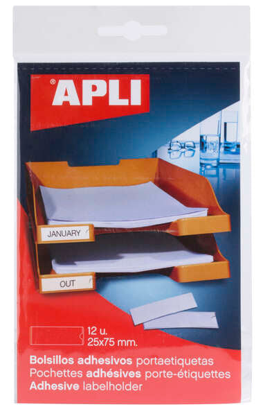 Apli Bolsillos Adhesivos para Etiquetas - Tamaño 25x75mm - Cambia la Informacion de la Etiqueta Segun tus Necesidades - Contiene 12 Bolsillos por Bolsa