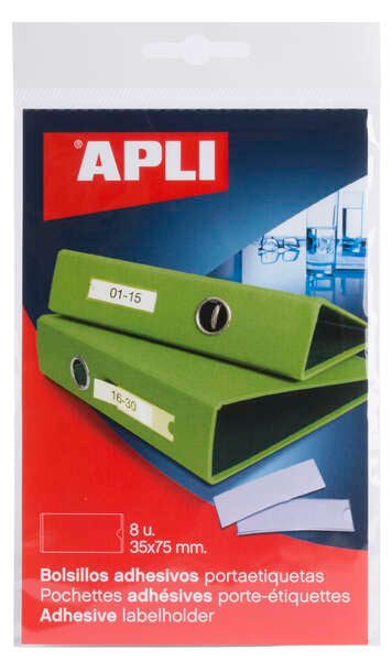 Apli Bolsillos Adhesivos para Etiquetas - 35 x 75mm - Cambia la Informacion de la Etiqueta Segun tus Necesidades - Contiene 8 Bolsillos por Bolsa