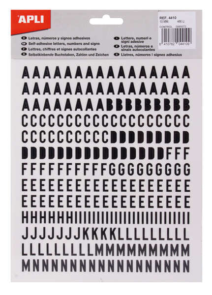 Apli Letras de Palo Mayusculas Adhesivas - Altura 10mm - Color Negro - Pack de 2 Hojas con 486 Letras