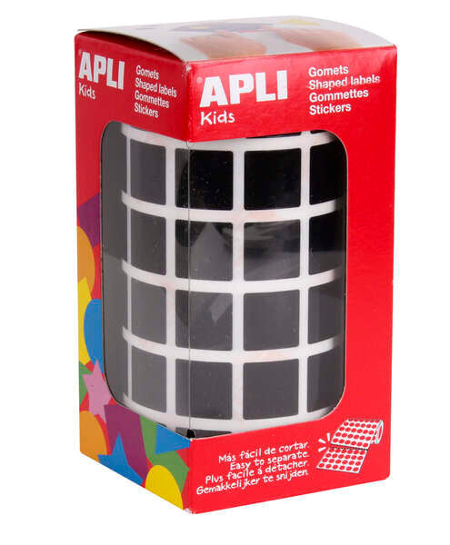 Apli Gomets Cuadrados Negros - 15 x 15mm - 59 Hojas Pretroqueladas - 2832 Gomets por Rollo - Ideal para Escuelas y Talleres Infantiles - Normas EN-71 y FSC - Adhesivo Base Agua - Materiales 100% Reciclables