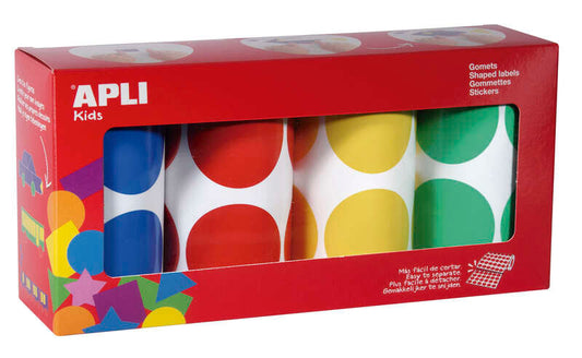 Apli Pack de 4 Rollos de Gomets Redondos Ø 45mm - 354 Gomets por Rollo - Adhesivo Permanente - 1416 Gomets en Total - Ideales para Escuelas Infantiles - Colores Azul, Rojo, Amarillo y Verde