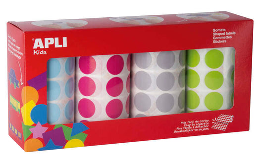 Apli Pack de 4 Rollos de Gomets Redondos Ø 20mm - 1770 Gomets por Rollo - Adhesivo Permanente - 7080 Gomets en Total - Ideales para Escuelas Infantiles - Colores Azul Claro, Fucsia, Gris y Verde Claro