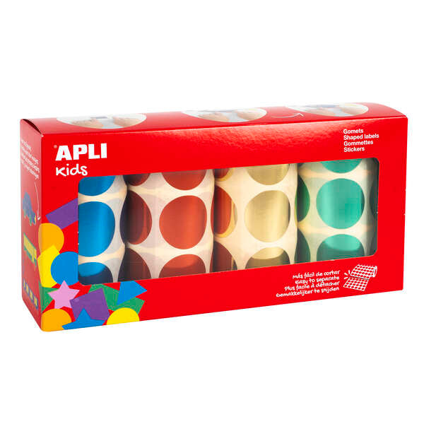 Apli Pack de 2.256 Gomets Redondos Ø 33mm - 4 Rollos de 564 Gomets - Adhesivo Permanente - Ideal para escuelas Infantiles y Colegios - Colores Metalizados Surtidos