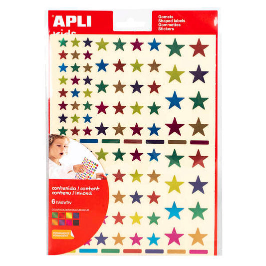 Apli Pack de 624 Gomets con Forma de Estrella - Adhesivo Removible - Acabado Metalizado - Ideales para Escuelas Infantiles - Desarrollo de Habilidades y Creatividad - Colores y Tamaños Surtidos